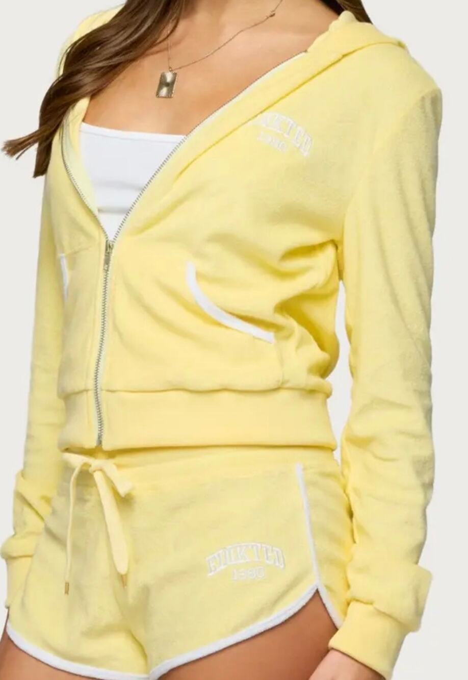 Edikted Madilyn Terry Cloth Zip-Up Hoodie in yellow,